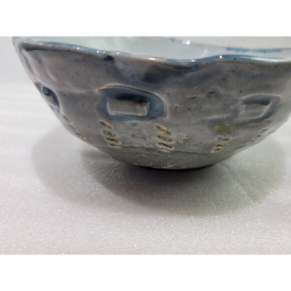 Pottery Bowl Textured Berries Fruit 7-1/2" Blue Gray Yellow Flower Stamp - Picture 3 of 6